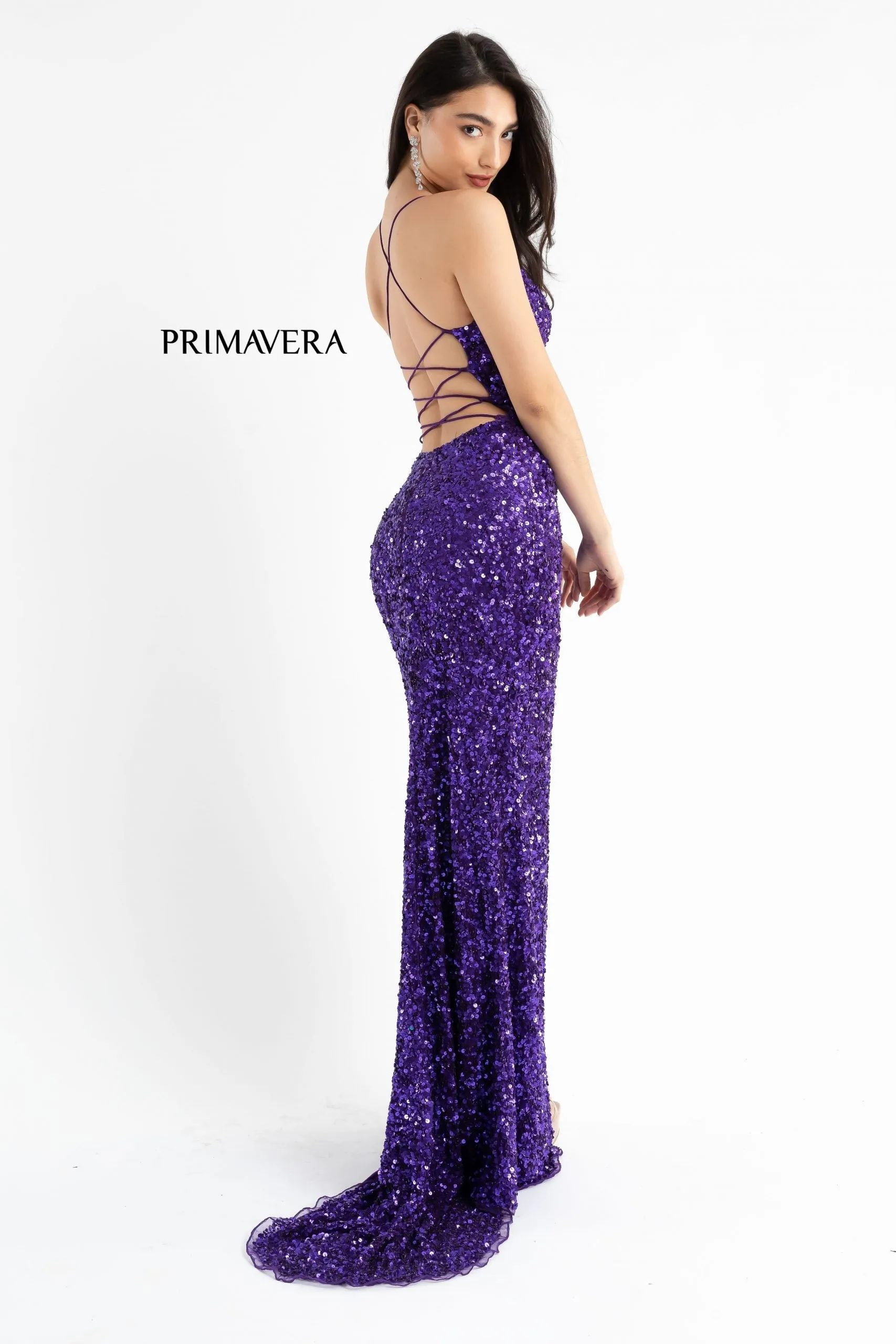 Primavera Couture 3791 Size 10 Bright Blue Prom Dress V Neckline Sequins Lace Up Tie Back Side Slit