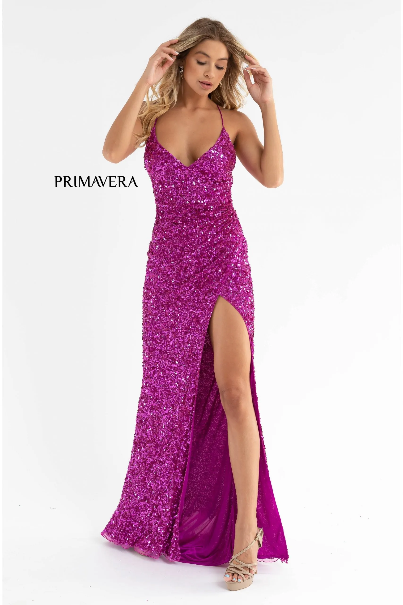 Primavera Couture 3791 Size 4 Fuchsia Prom Dress V Neckline Sequins Lace Up Tie Back Side Slit