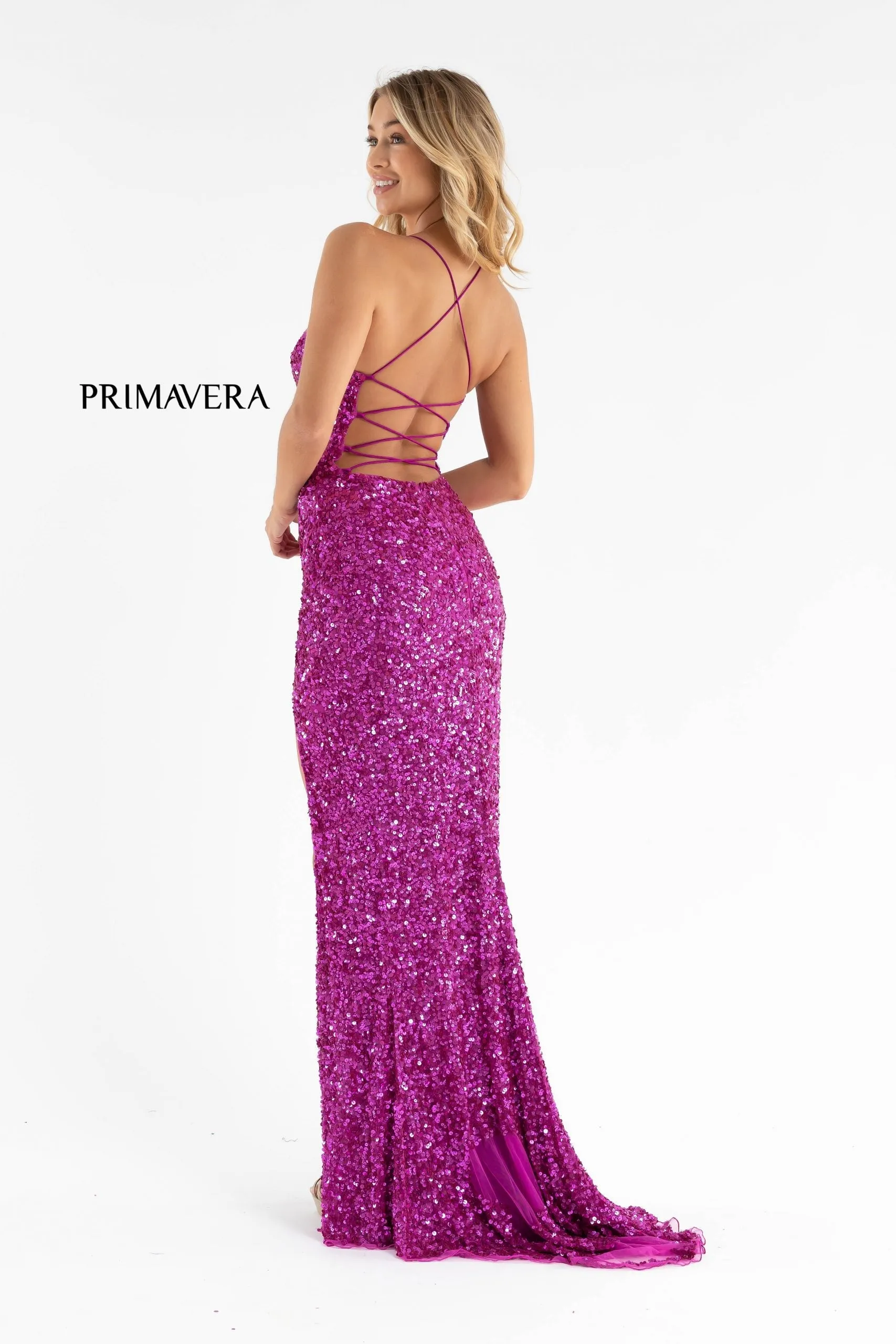 Primavera Couture 3791 Size 4 Fuchsia Prom Dress V Neckline Sequins Lace Up Tie Back Side Slit