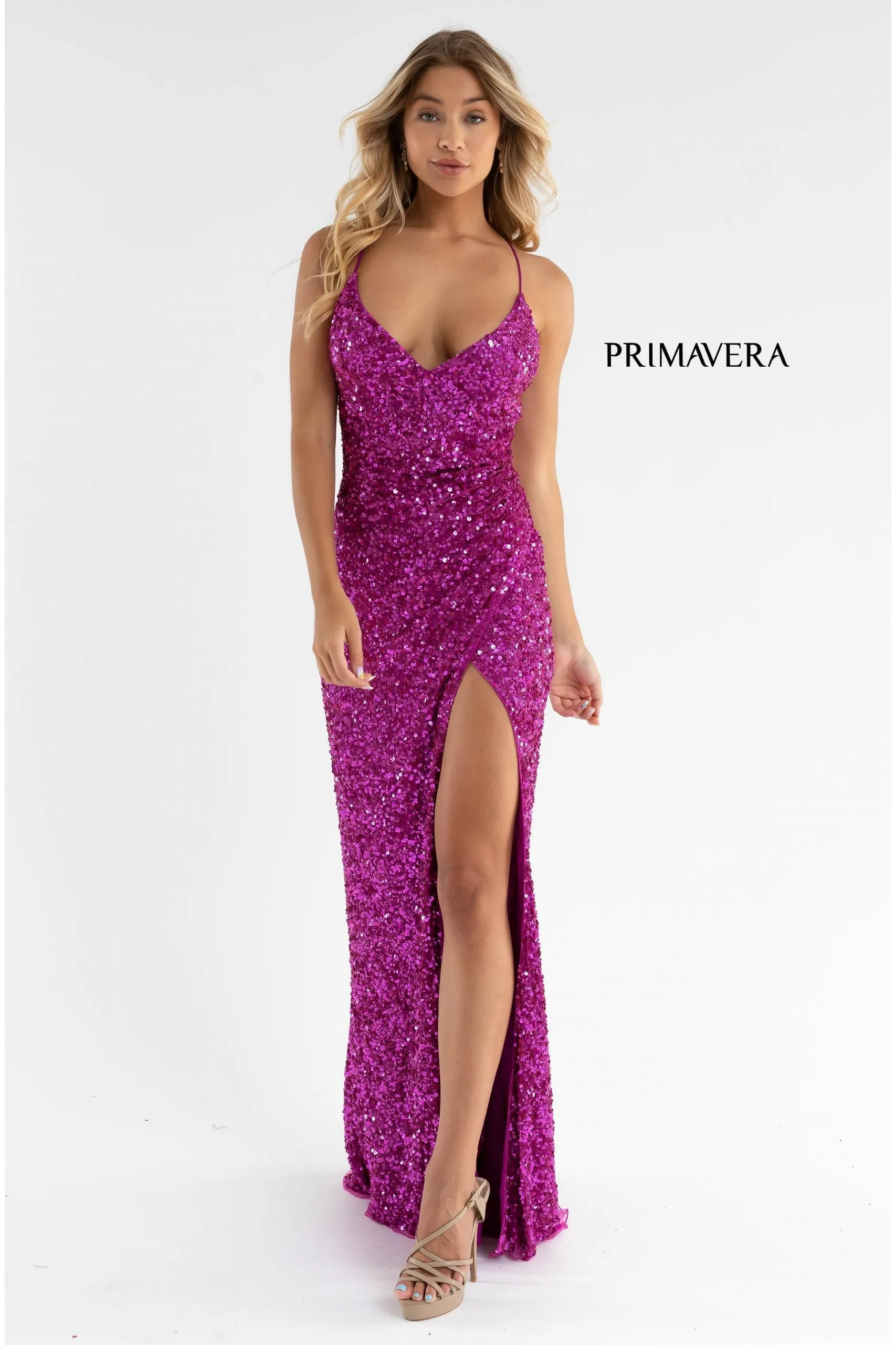 Primavera Couture 3791 Size 4 Fuchsia Prom Dress V Neckline Sequins Lace Up Tie Back Side Slit