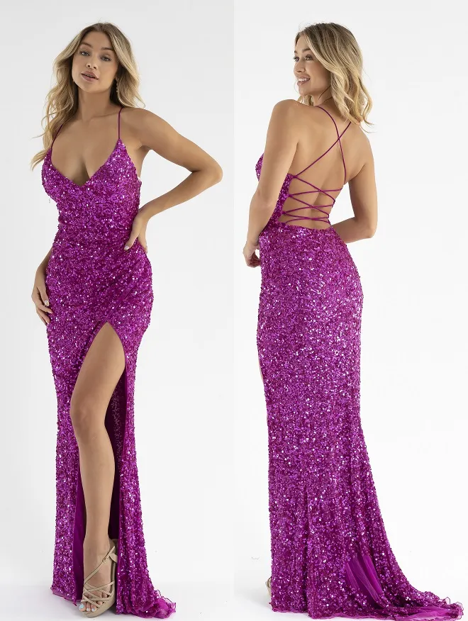 Primavera Couture 3791 Size 4 Fuchsia Prom Dress V Neckline Sequins Lace Up Tie Back Side Slit