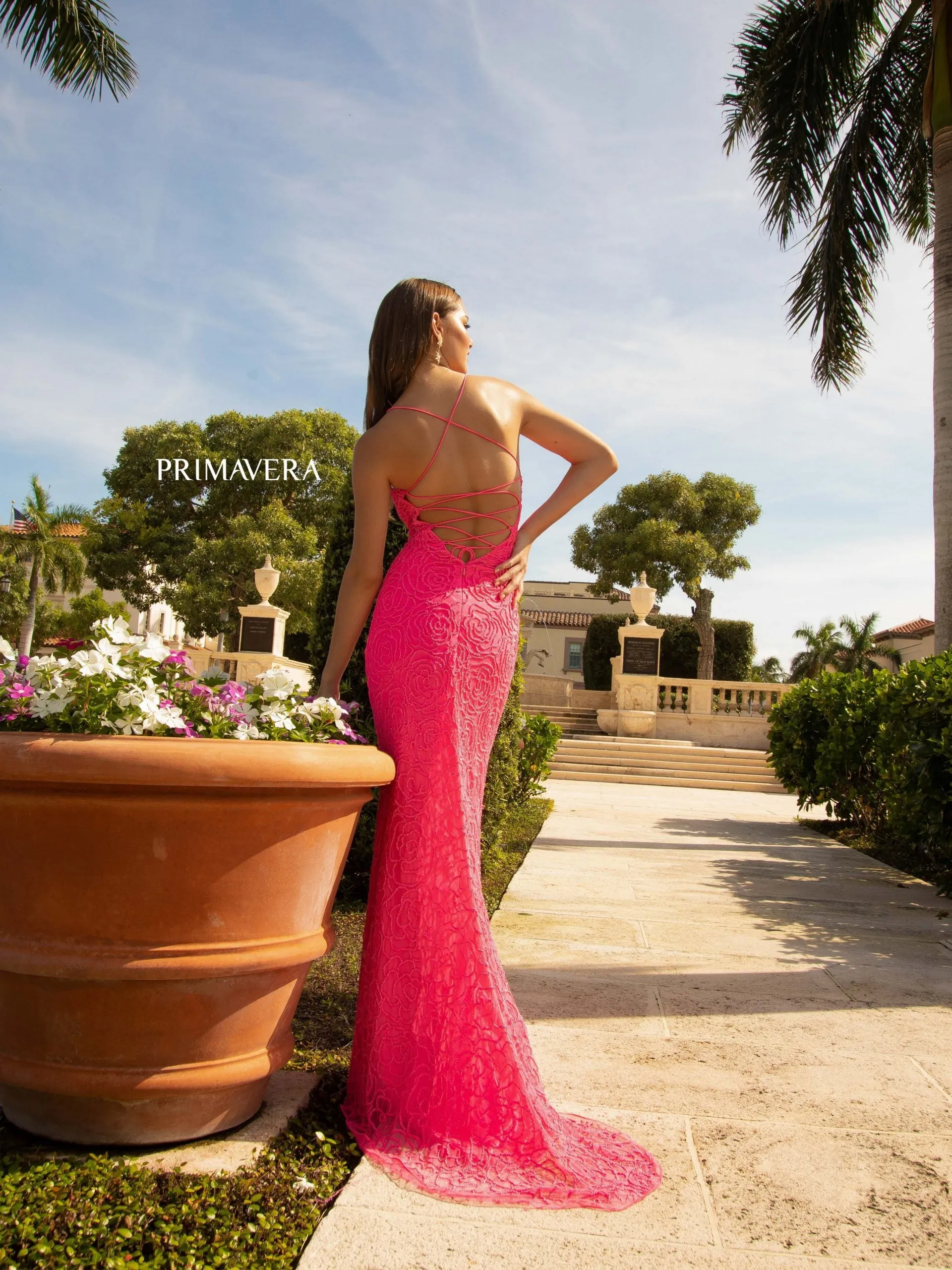 Primavera Couture 3791 Size 4 Fuchsia Prom Dress V Neckline Sequins Lace Up Tie Back Side Slit