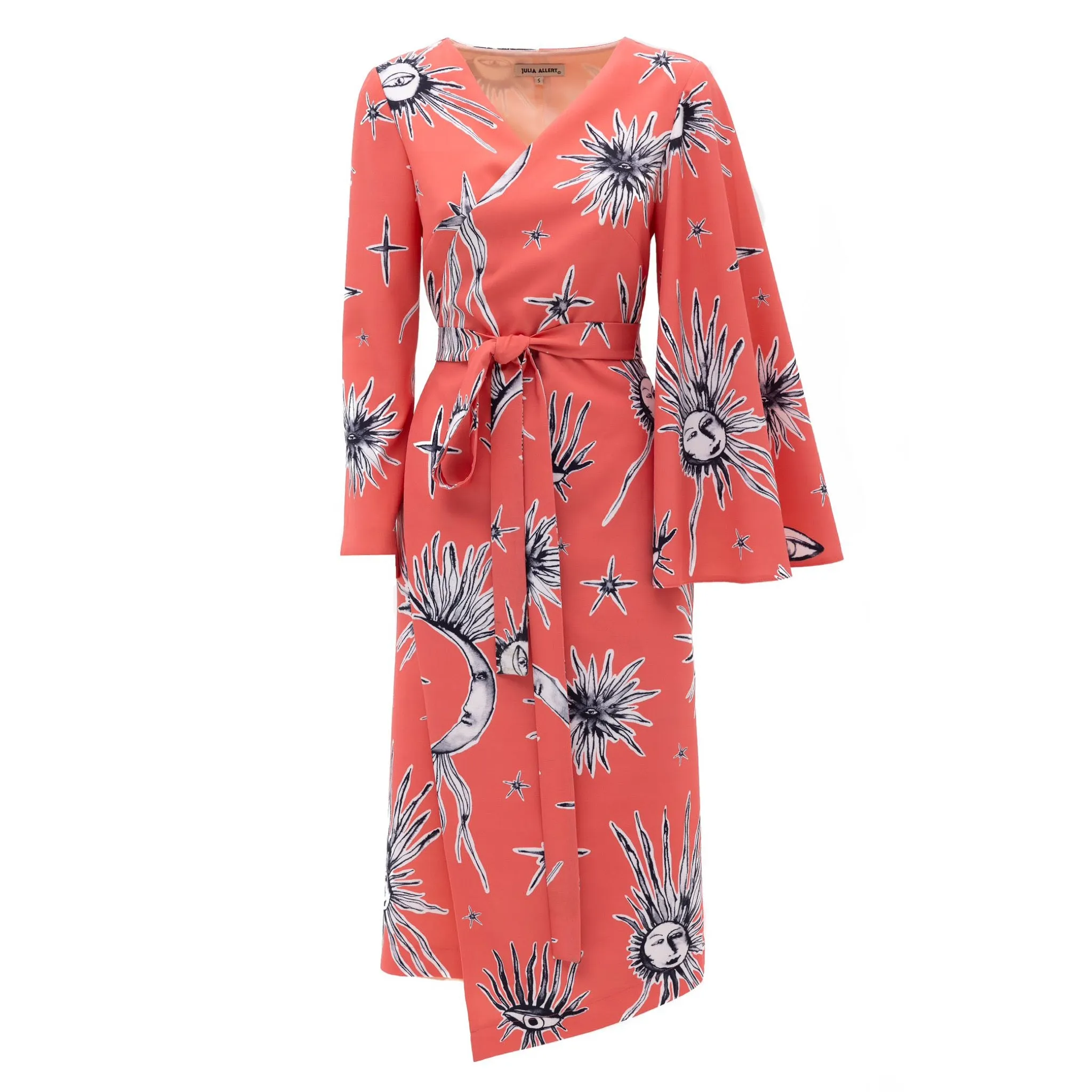 Printed Asymmetric Midi Wrap Dress Coral