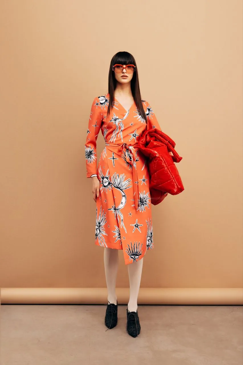 Printed Asymmetric Midi Wrap Dress Coral