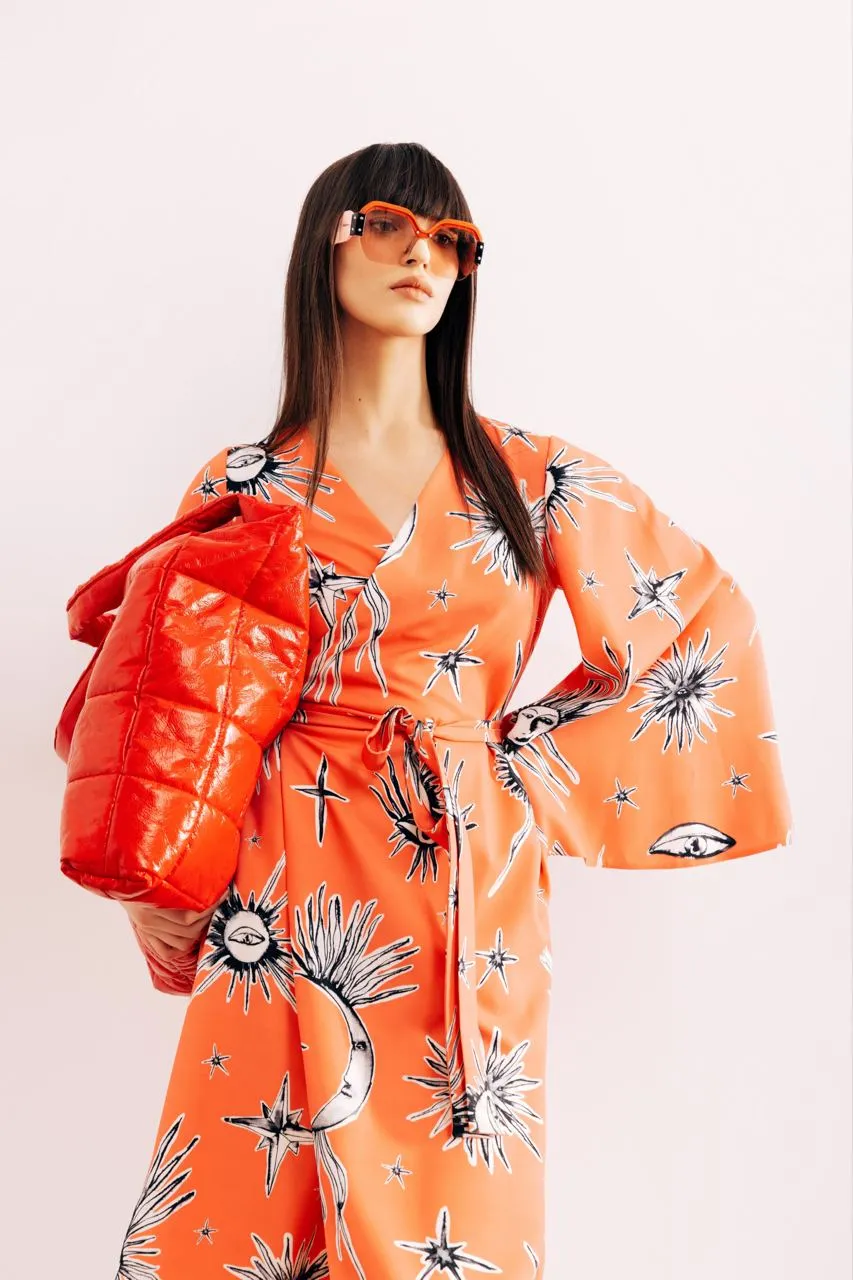 Printed Asymmetric Midi Wrap Dress Coral