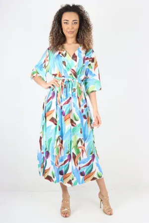 Printed Elasticated Waist Tie Multi Leaf Wrap Over Maxi Dress