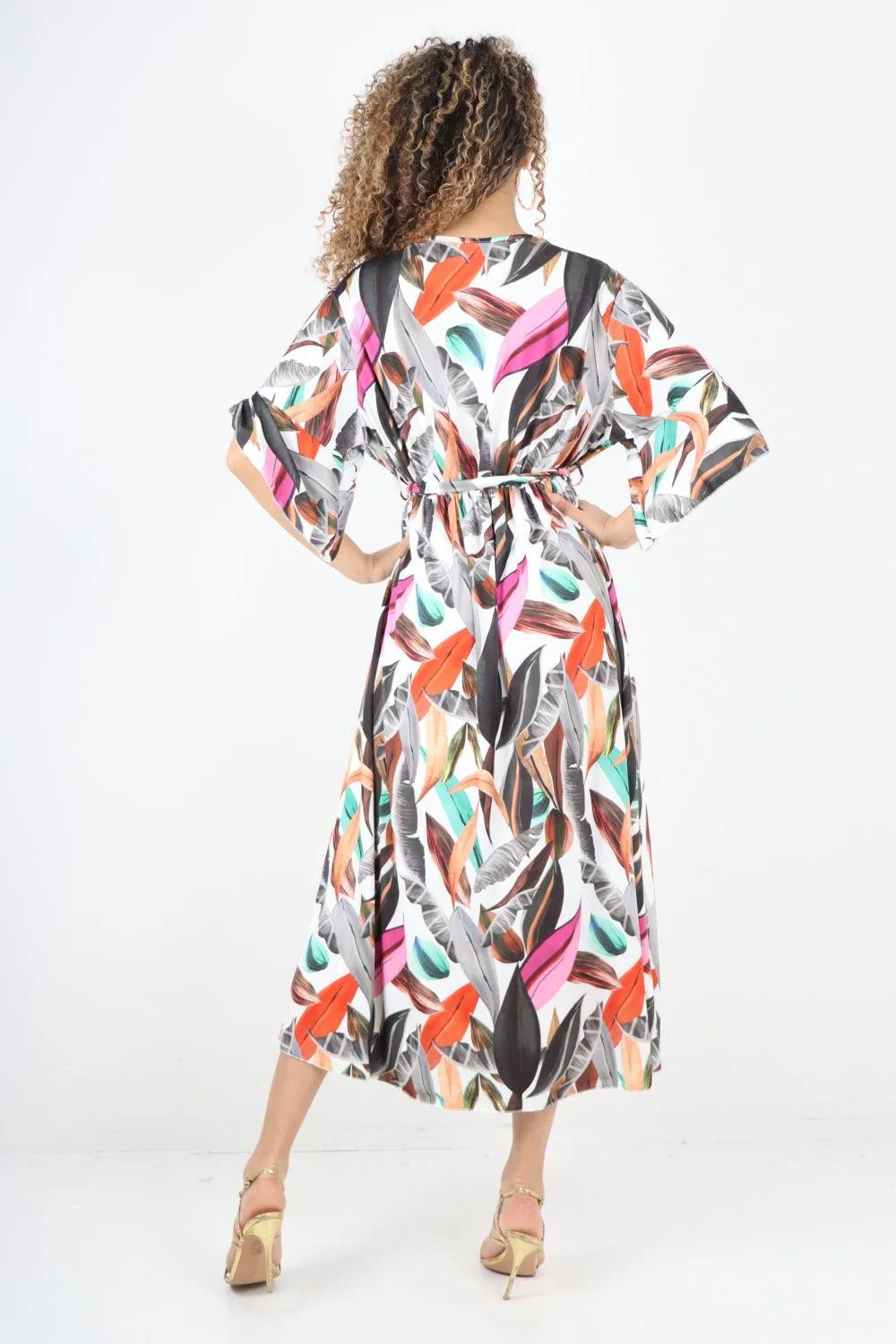 Printed Elasticated Waist Tie Multi Leaf Wrap Over Maxi Dress