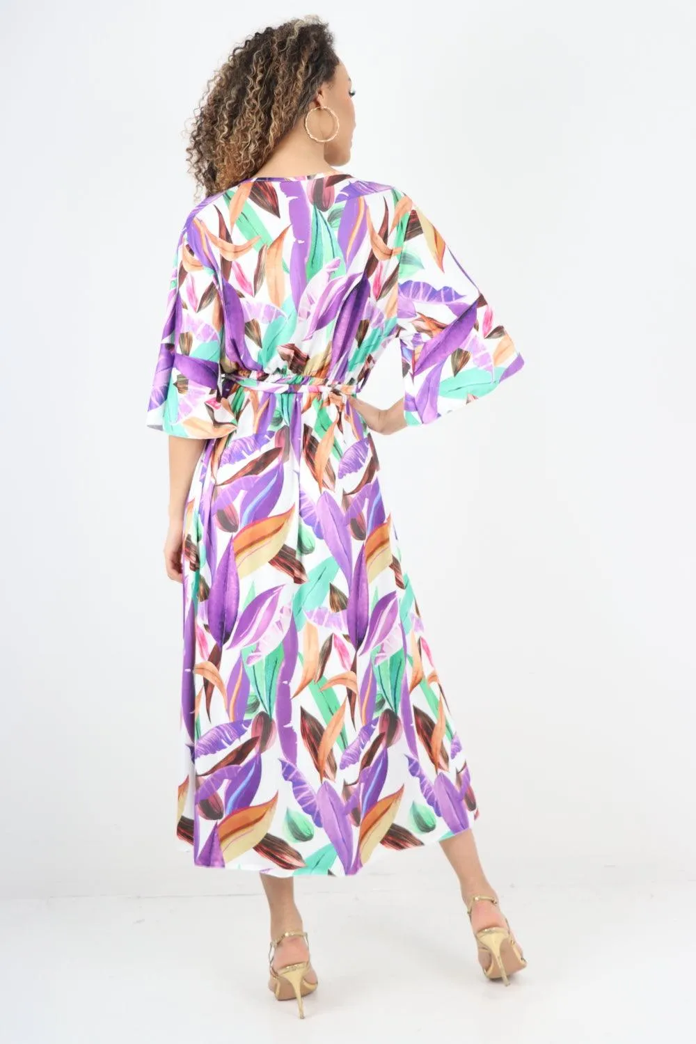 Printed Elasticated Waist Tie Multi Leaf Wrap Over Maxi Dress