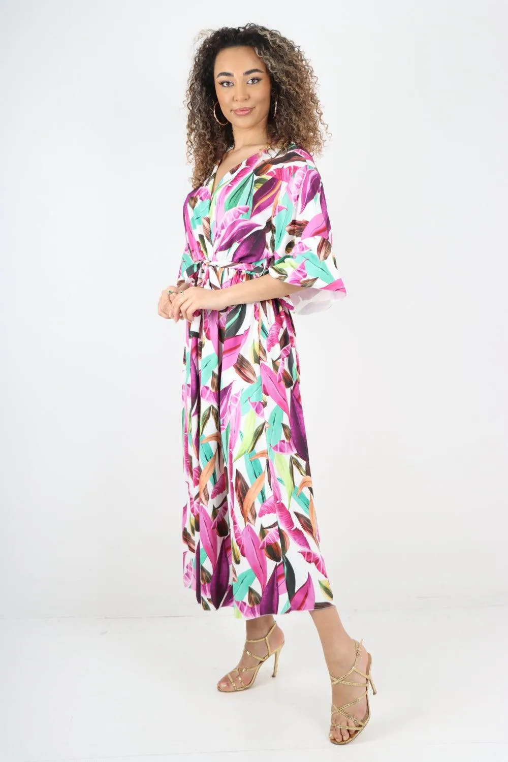 Printed Elasticated Waist Tie Multi Leaf Wrap Over Maxi Dress