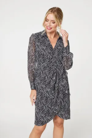 Printed Long Sleeve Wrap Front Short Dress