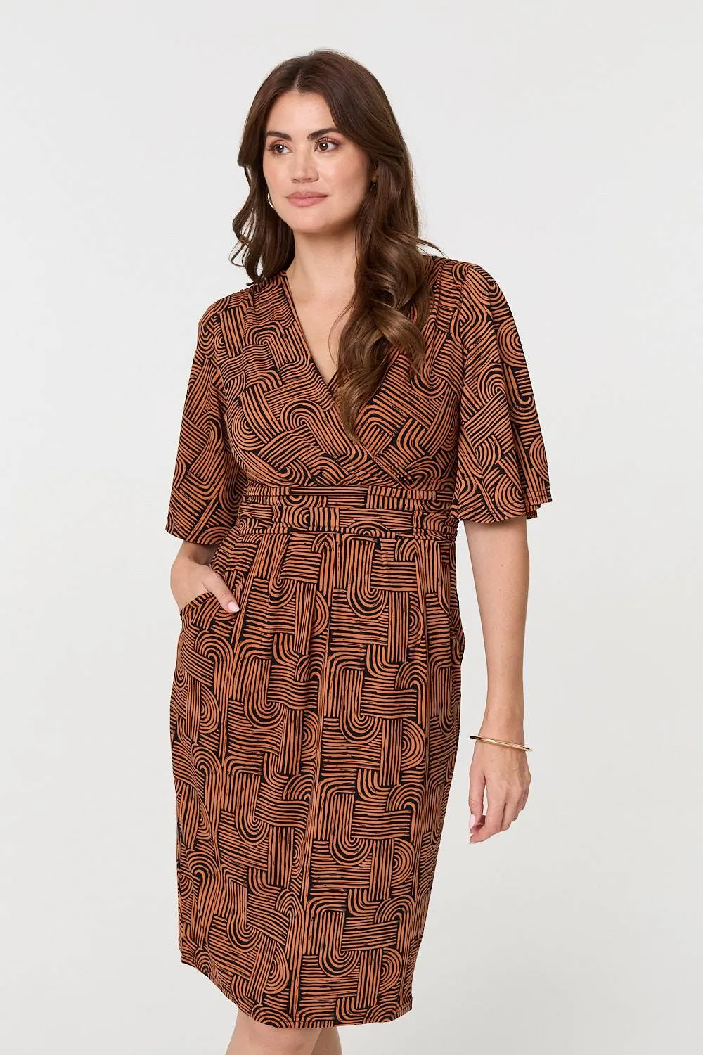 Printed Ruched Faux Wrap Knee Length Dress