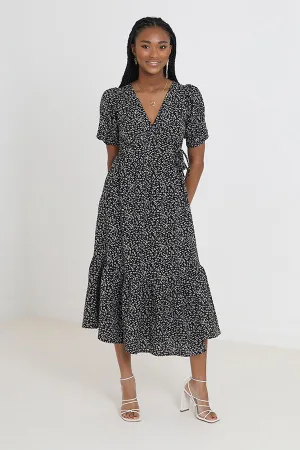 PRINTED V NECK WRAP STYLE TIERED MIDI DRESS