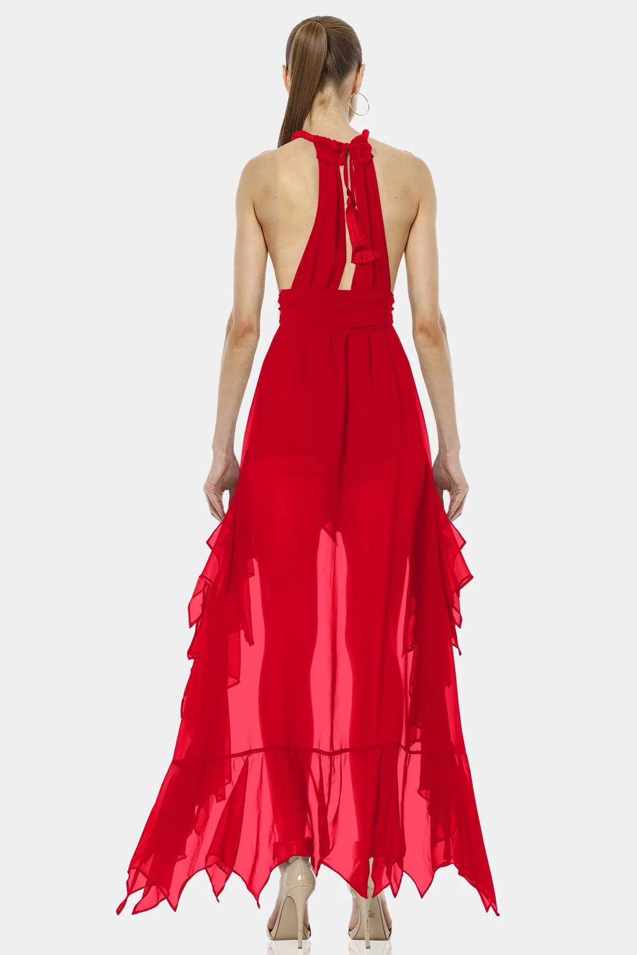 Psarou Bold Red Asymmetrical Maxi Dress