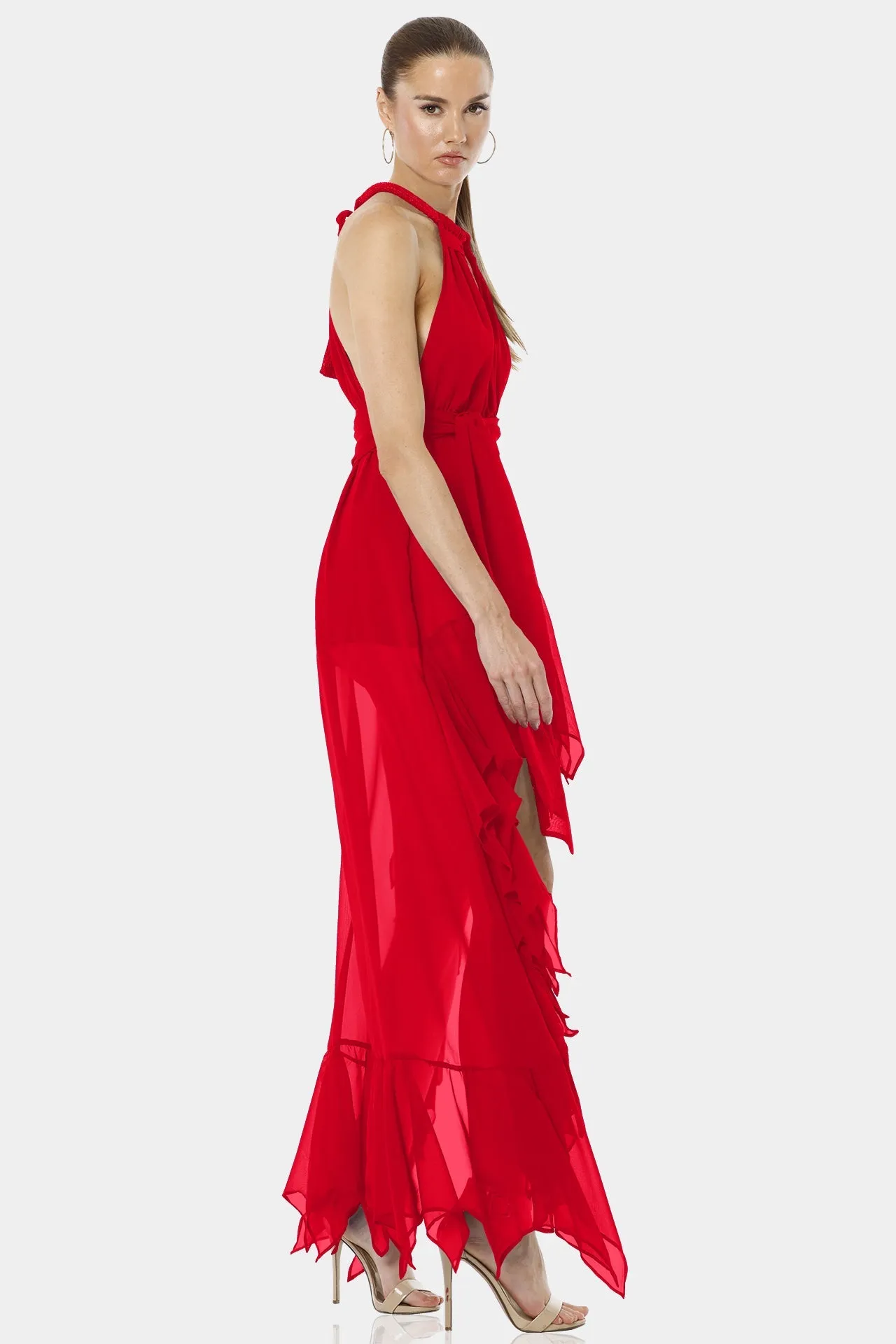 Psarou Bold Red Asymmetrical Maxi Dress