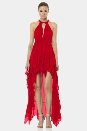 Psarou Bold Red Asymmetrical Maxi Dress