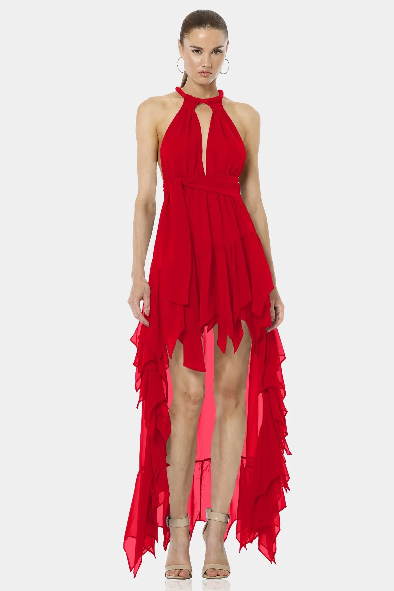 Psarou Bold Red Asymmetrical Maxi Dress