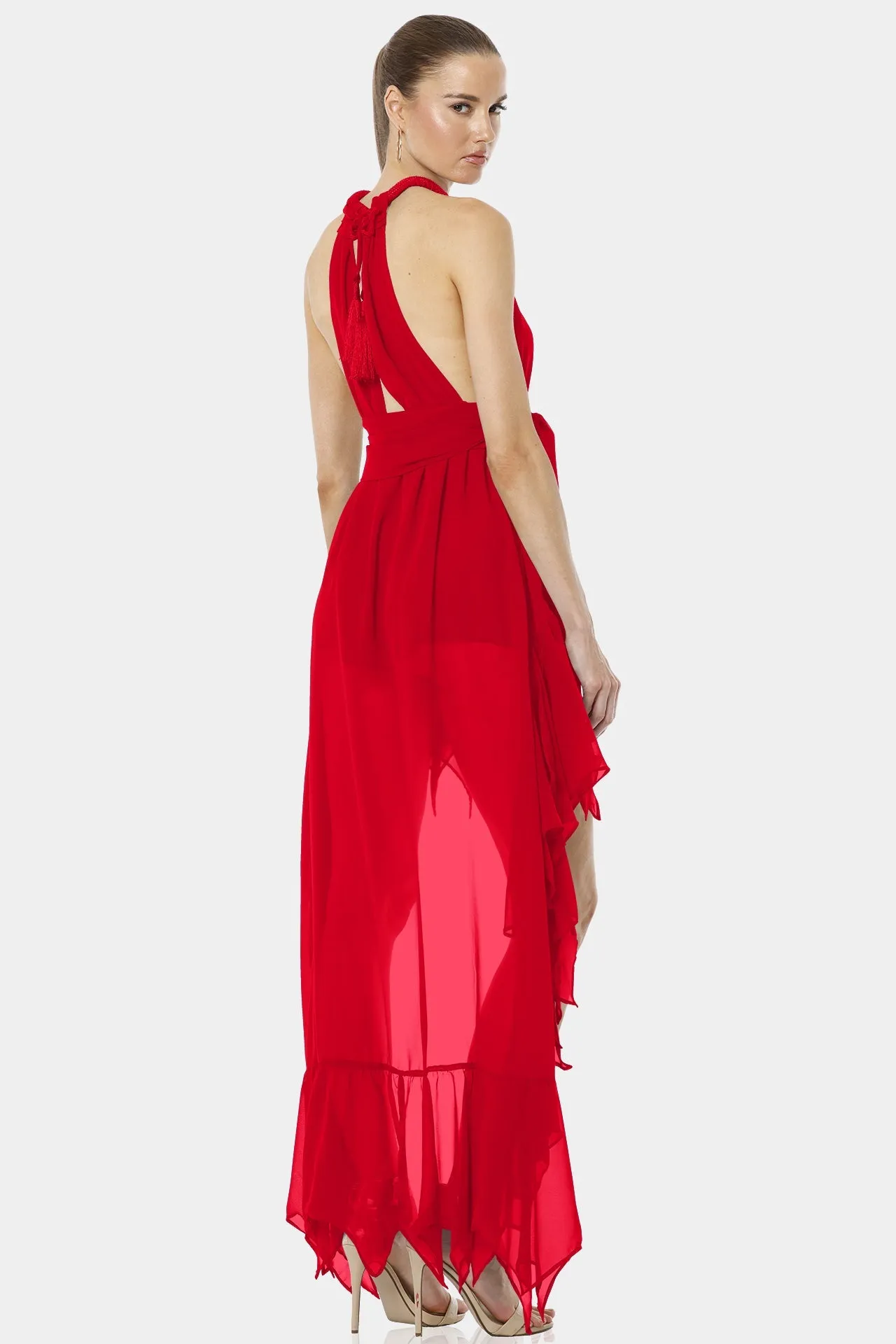 Psarou Bold Red Asymmetrical Maxi Dress