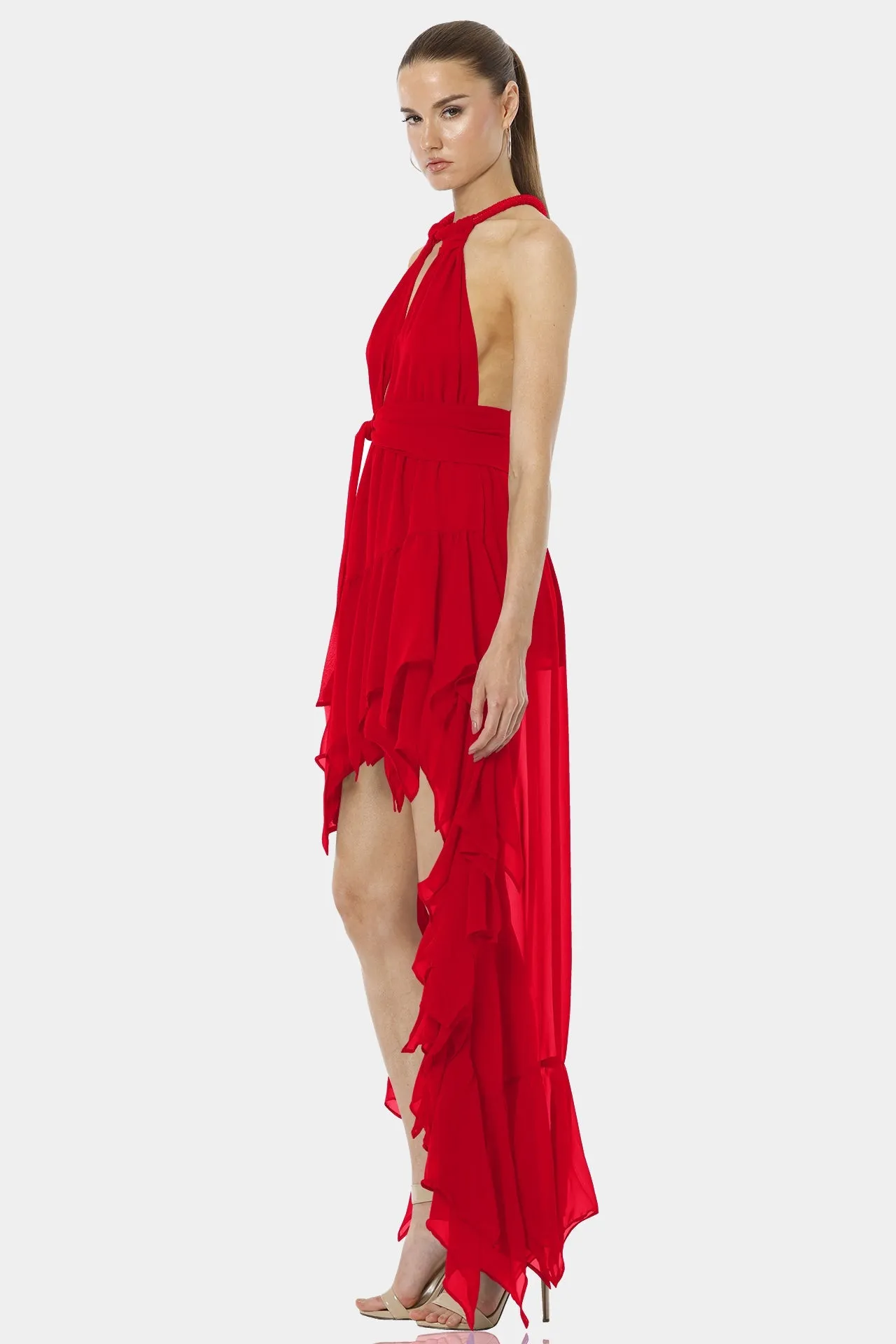 Psarou Bold Red Asymmetrical Maxi Dress