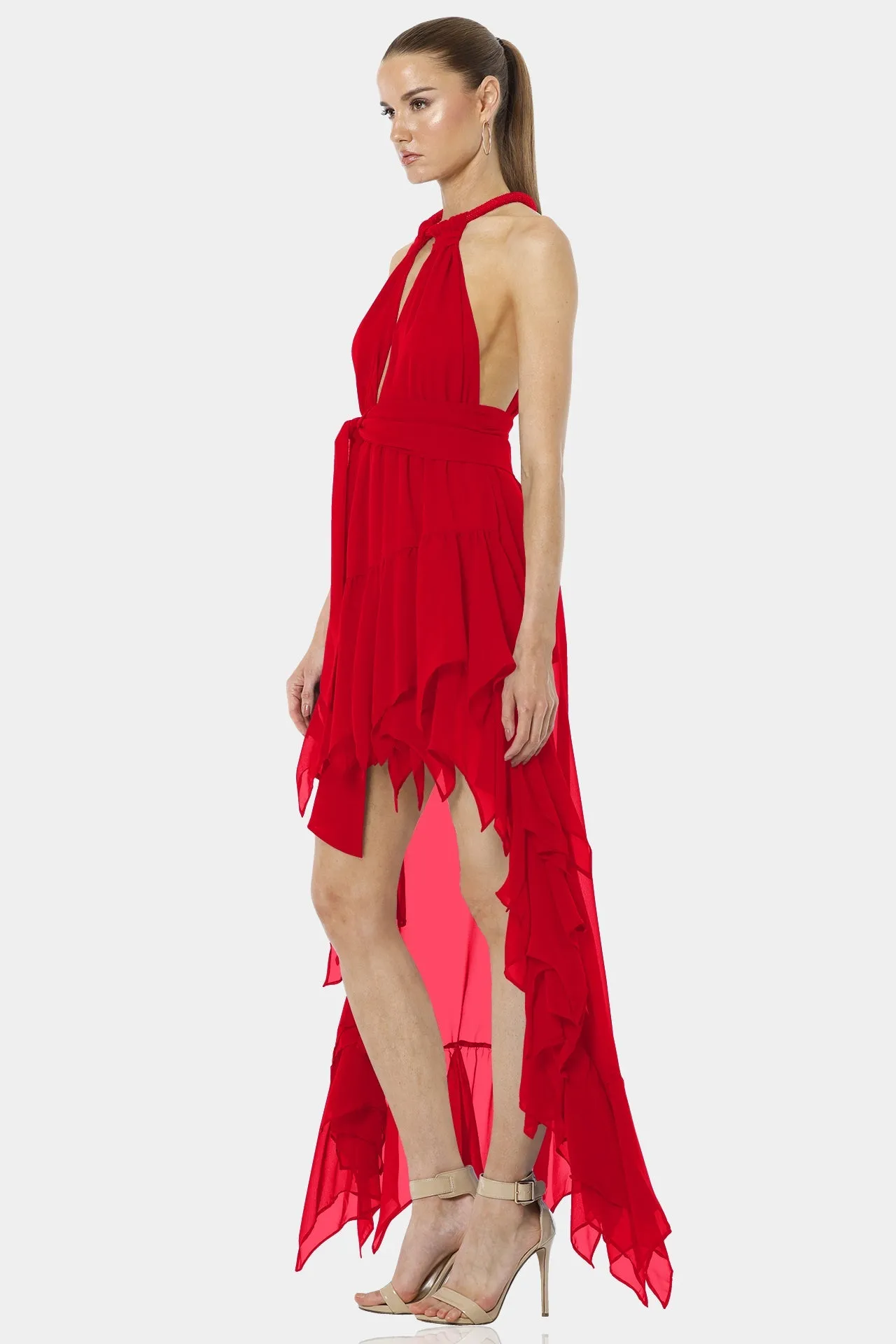 Psarou Bold Red Asymmetrical Maxi Dress