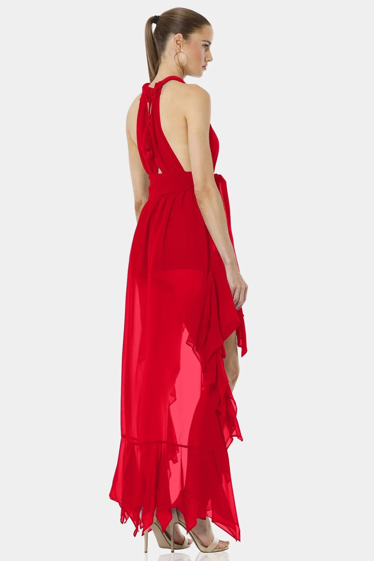 Psarou Bold Red Asymmetrical Maxi Dress