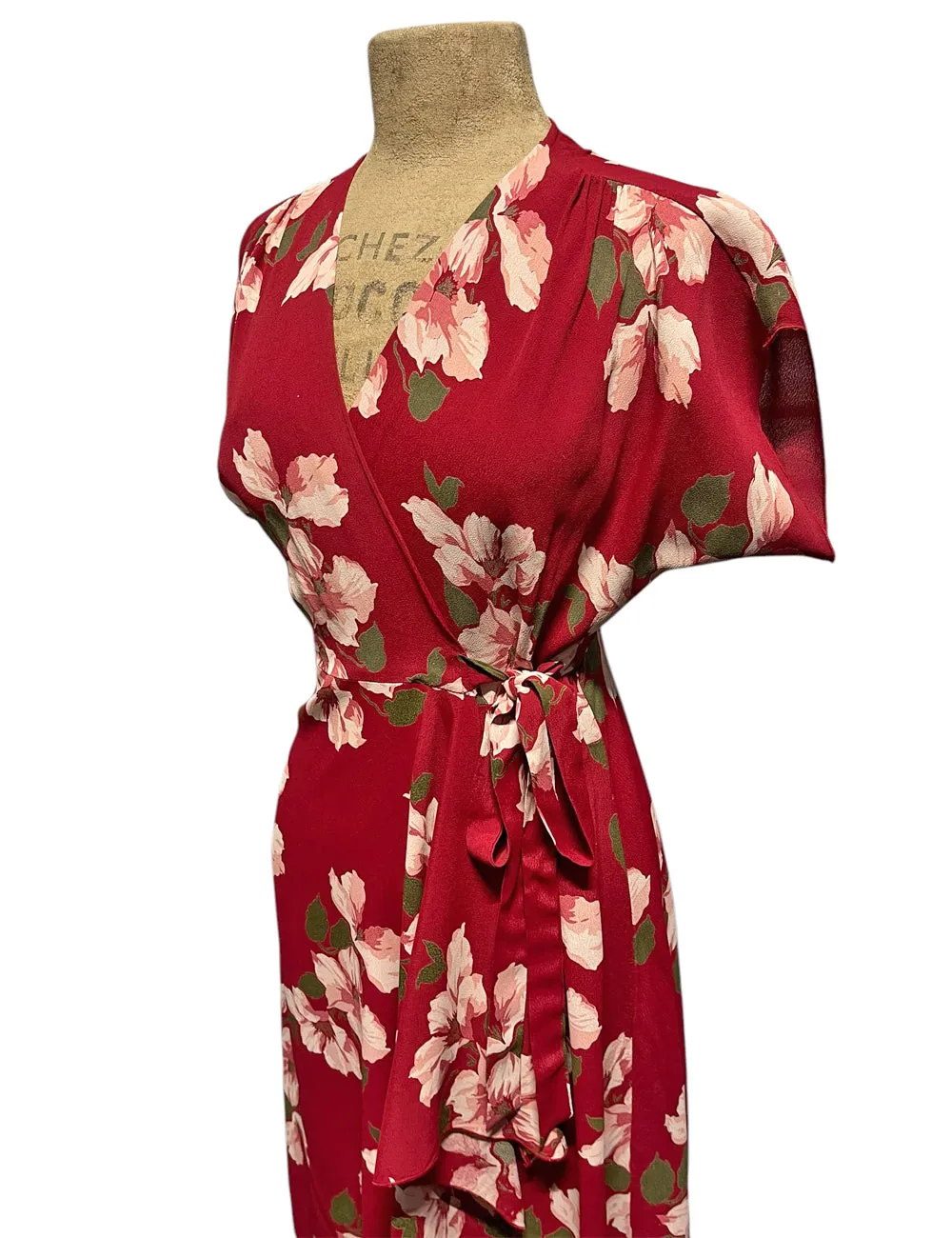 Red & Pink Magnolia Print Cascade Wrap Dress - Size Small