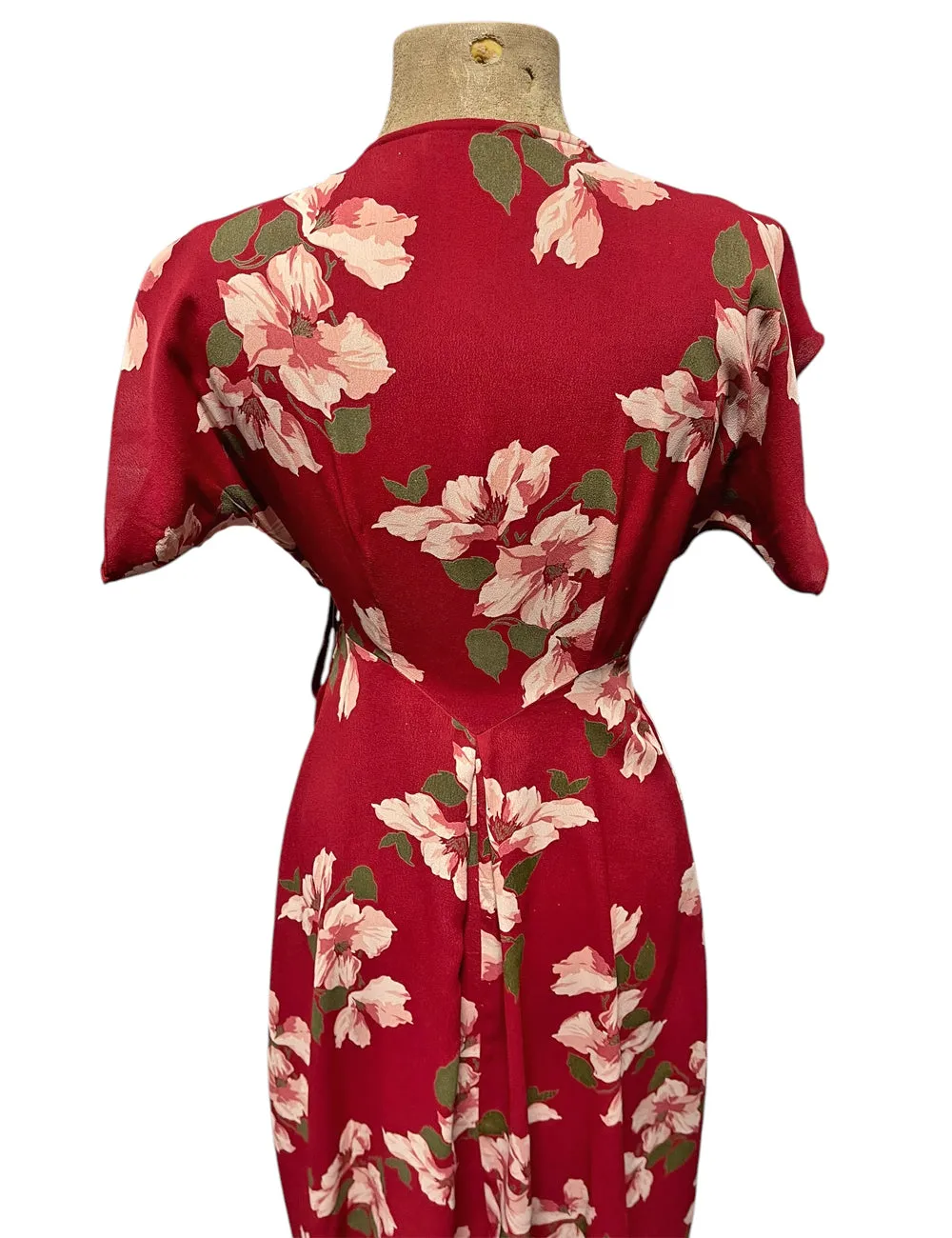 Red & Pink Magnolia Print Cascade Wrap Dress - Size Small