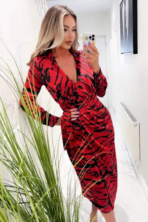 Red And Black Printed Long Sleeve Wrap Belted Midi Dress