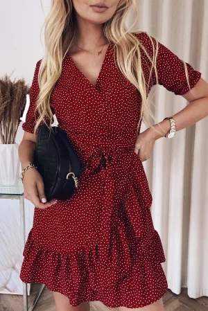 Red Boho Dotted Wrap Dress