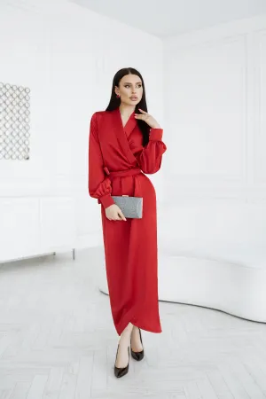 Red Puff Sleeve Wrap Dress