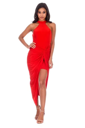 Red Ruched Wrap Over Dress