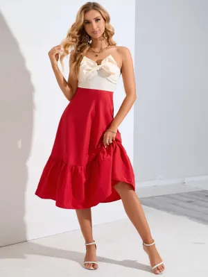 Red Skirt Ruffled Hem Sweetheart Wrap Dress