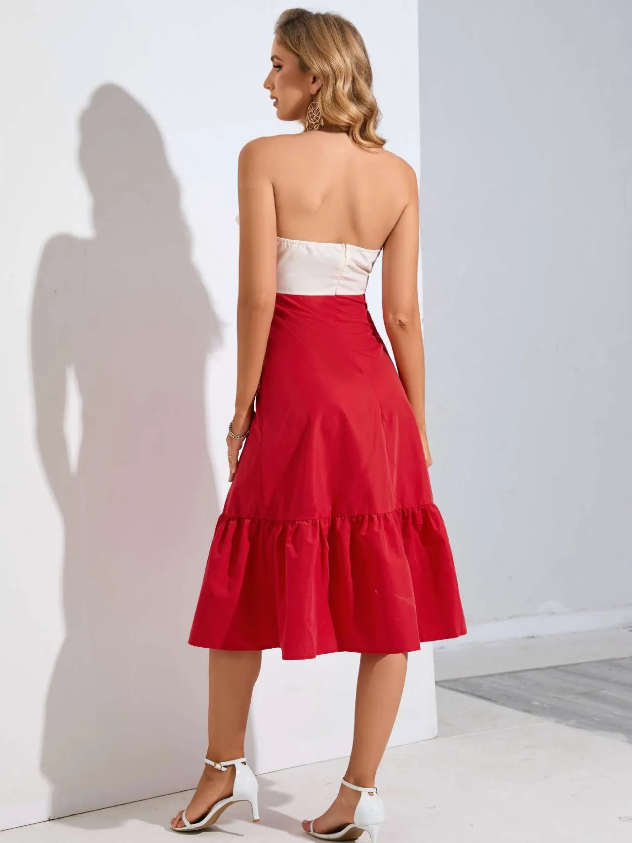 Red Skirt Ruffled Hem Sweetheart Wrap Dress