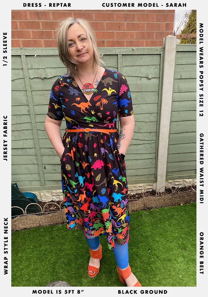 Reptar Dinosaur Border Print Midi Dress