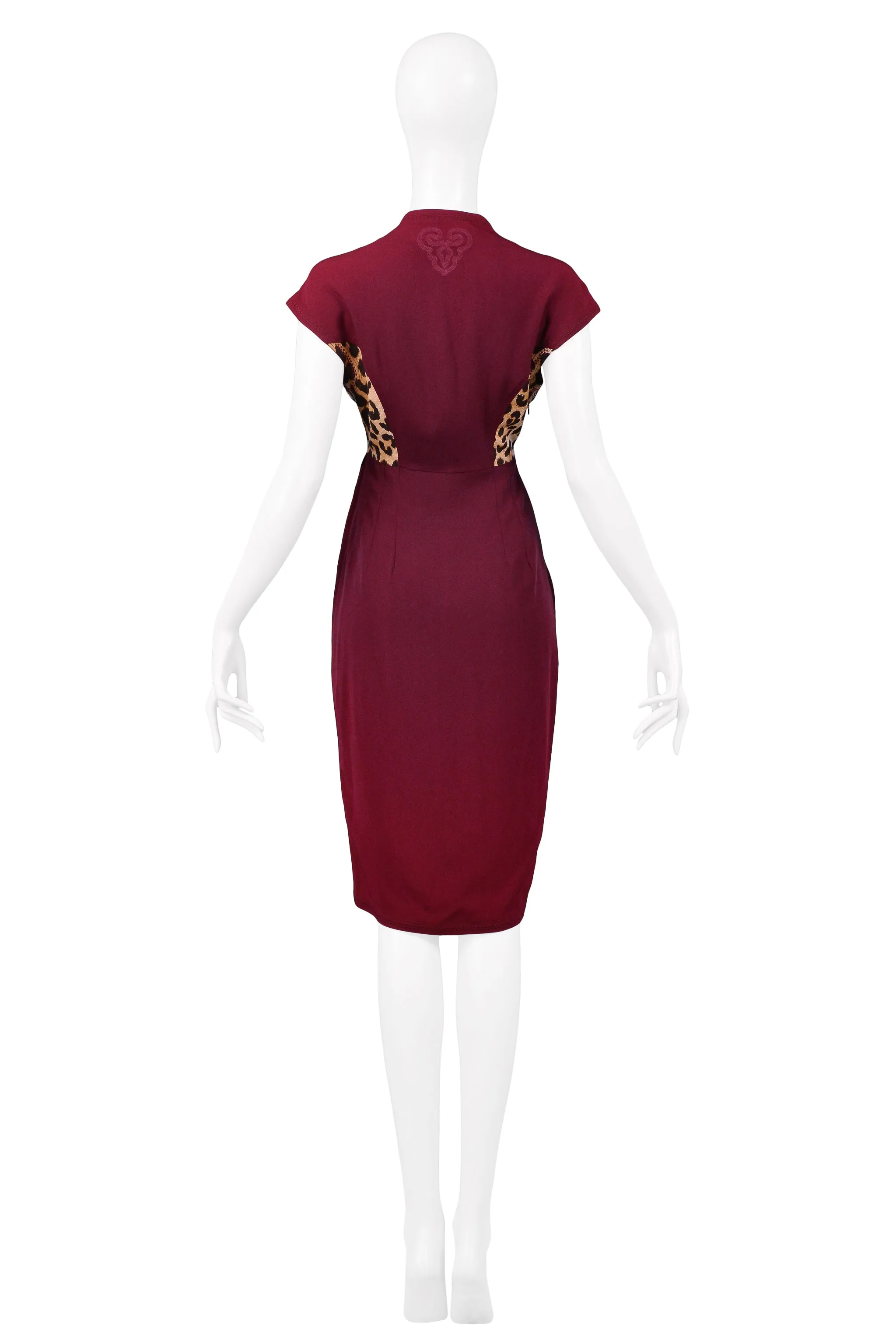 RIFAT OZBEK BURGUNDY LEOPARD INSERT DRESS WITH WRAP DRAPE EFFECT