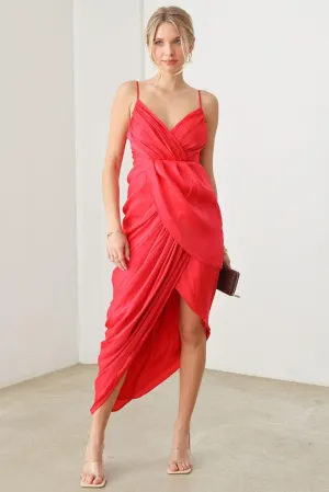 Romantic Asymmetric Drape Warp Slit Midi Dress