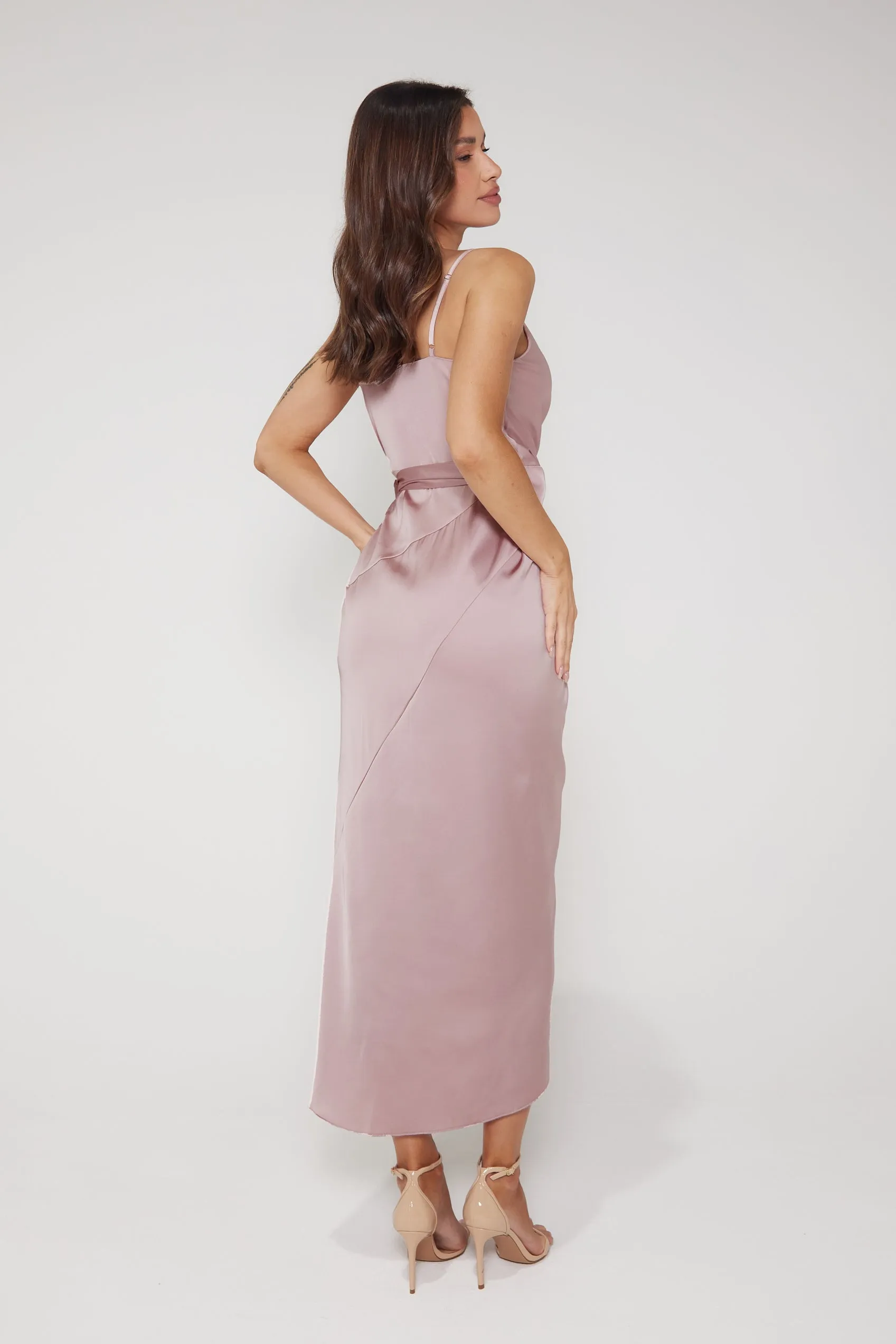 Rosa Tie Side Satin Cami Wrap Dress - Blush