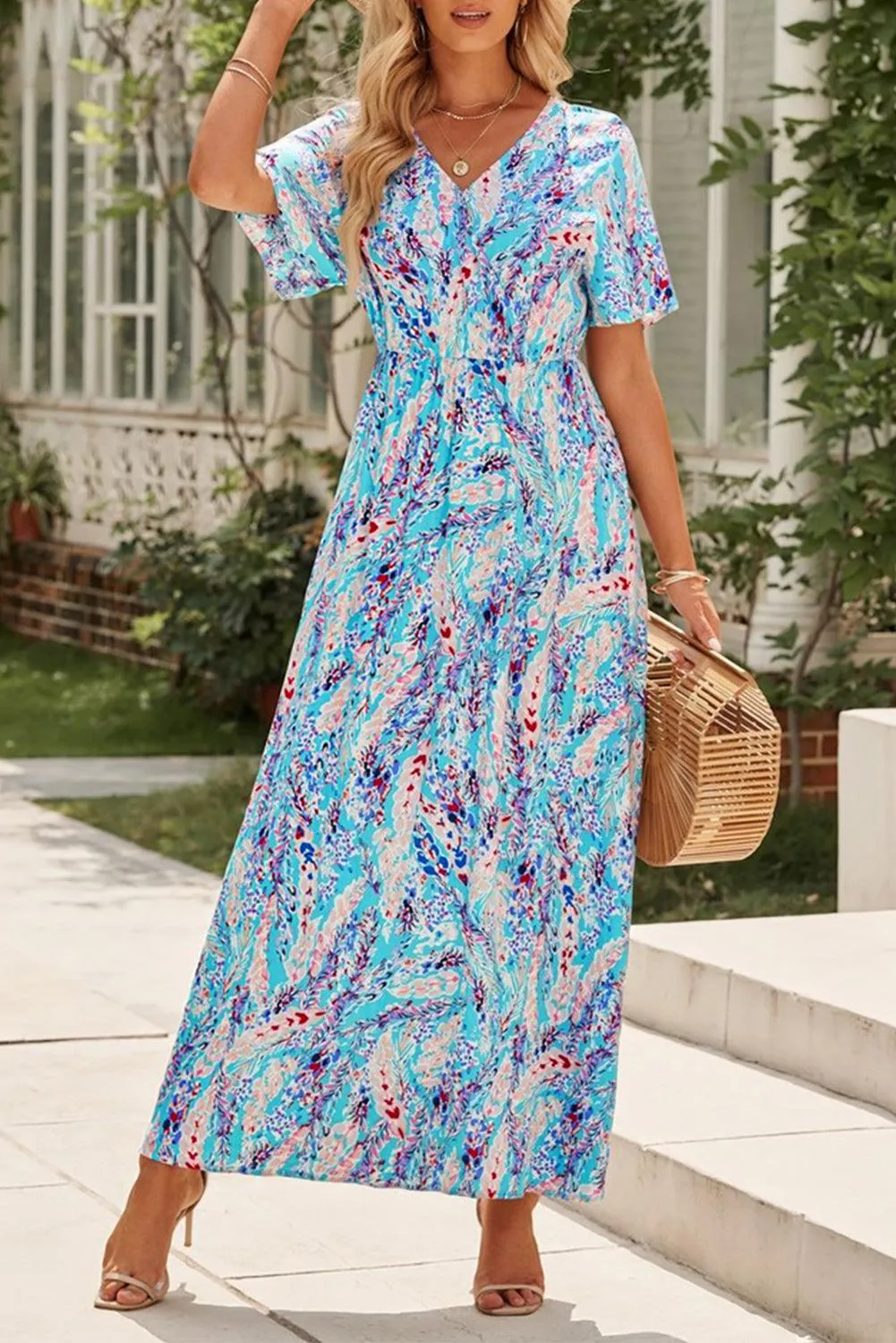 Rose Boho Abstract Print V Neck Short Sleeve Maxi Wrap Dress