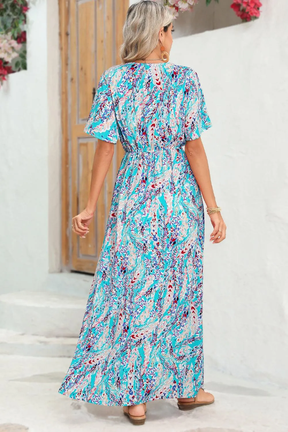 Rose Boho Abstract Print V Neck Short Sleeve Maxi Wrap Dress