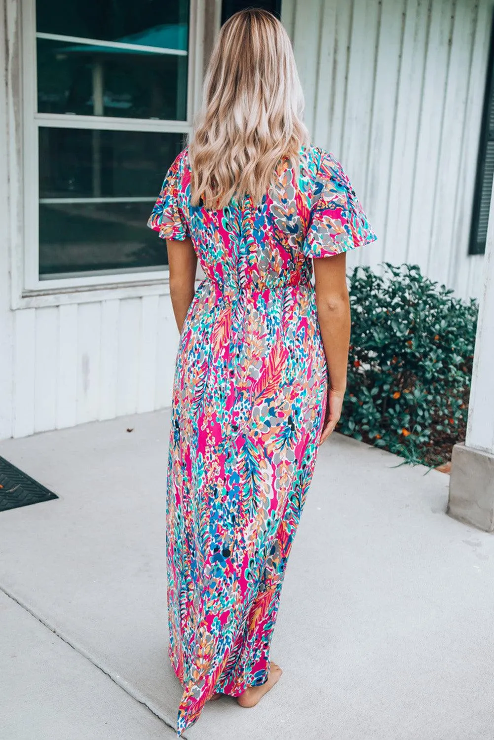 Rose Boho Abstract Print V Neck Short Sleeve Maxi Wrap Dress