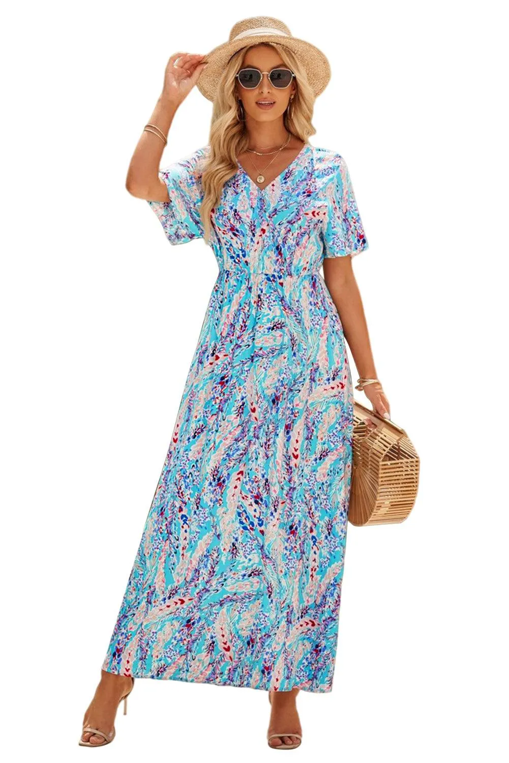 Rose Boho Abstract Print V Neck Short Sleeve Maxi Wrap Dress