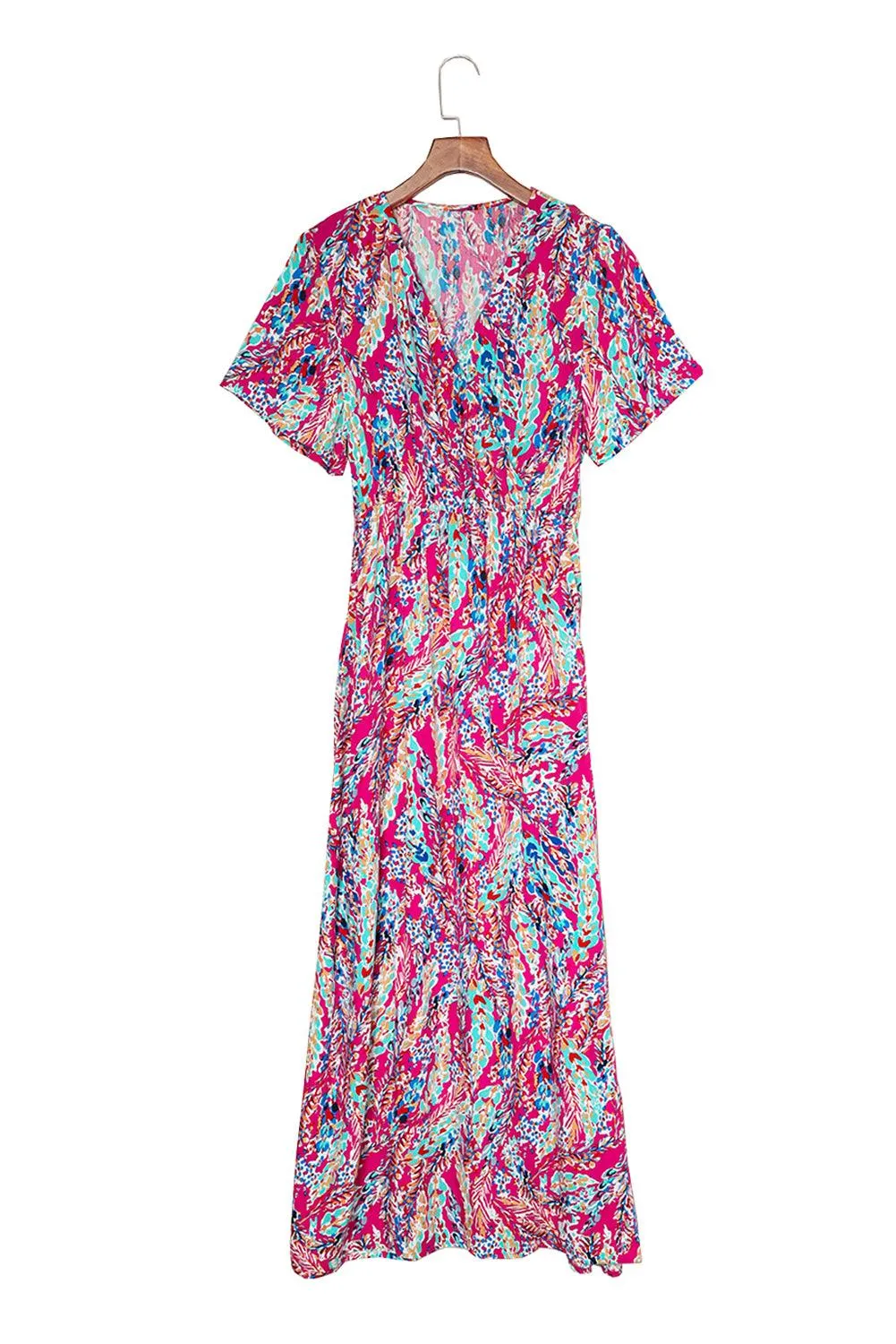 Rose Boho Abstract Print V Neck Short Sleeve Maxi Wrap Dress