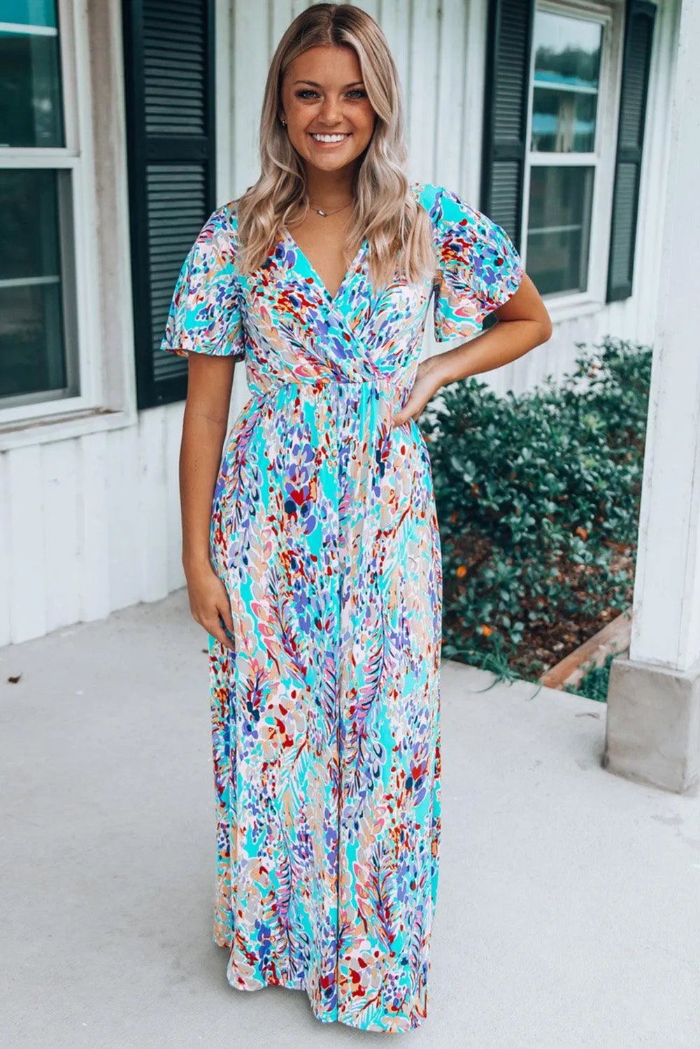 Rose Boho Abstract Print V Neck Short Sleeve Maxi Wrap Dress