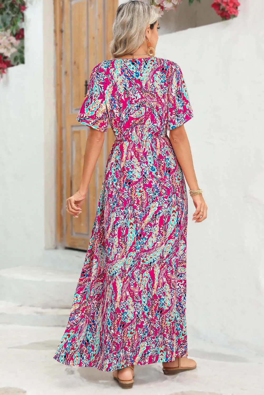 Rose Boho Abstract Print V Neck Short Sleeve Maxi Wrap Dress