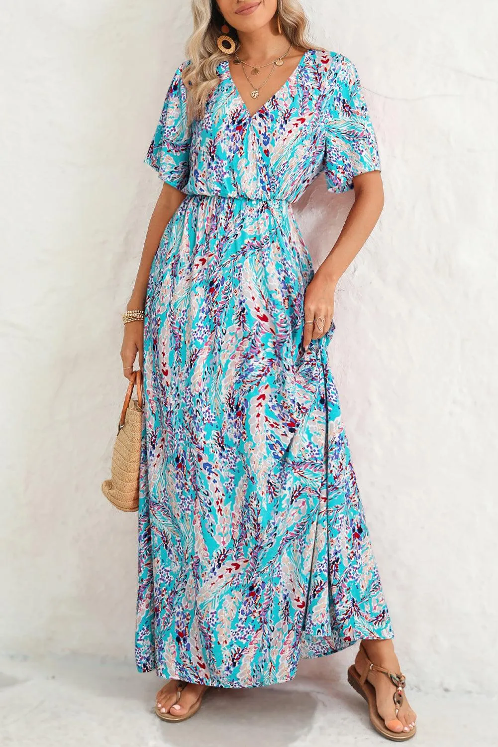 Rose Boho Abstract Print V Neck Short Sleeve Maxi Wrap Dress