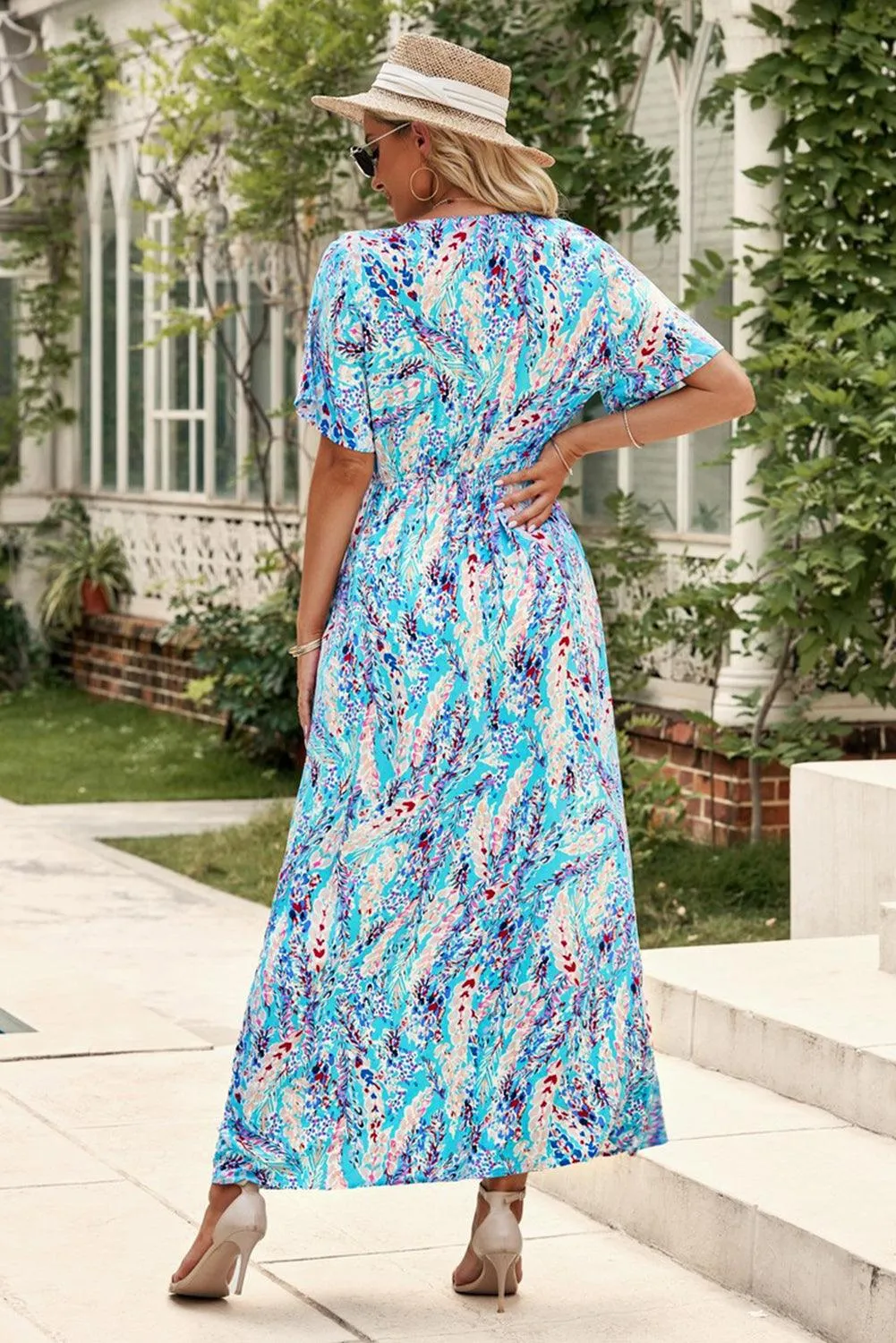 Rose Boho Abstract Print V Neck Short Sleeve Maxi Wrap Dress