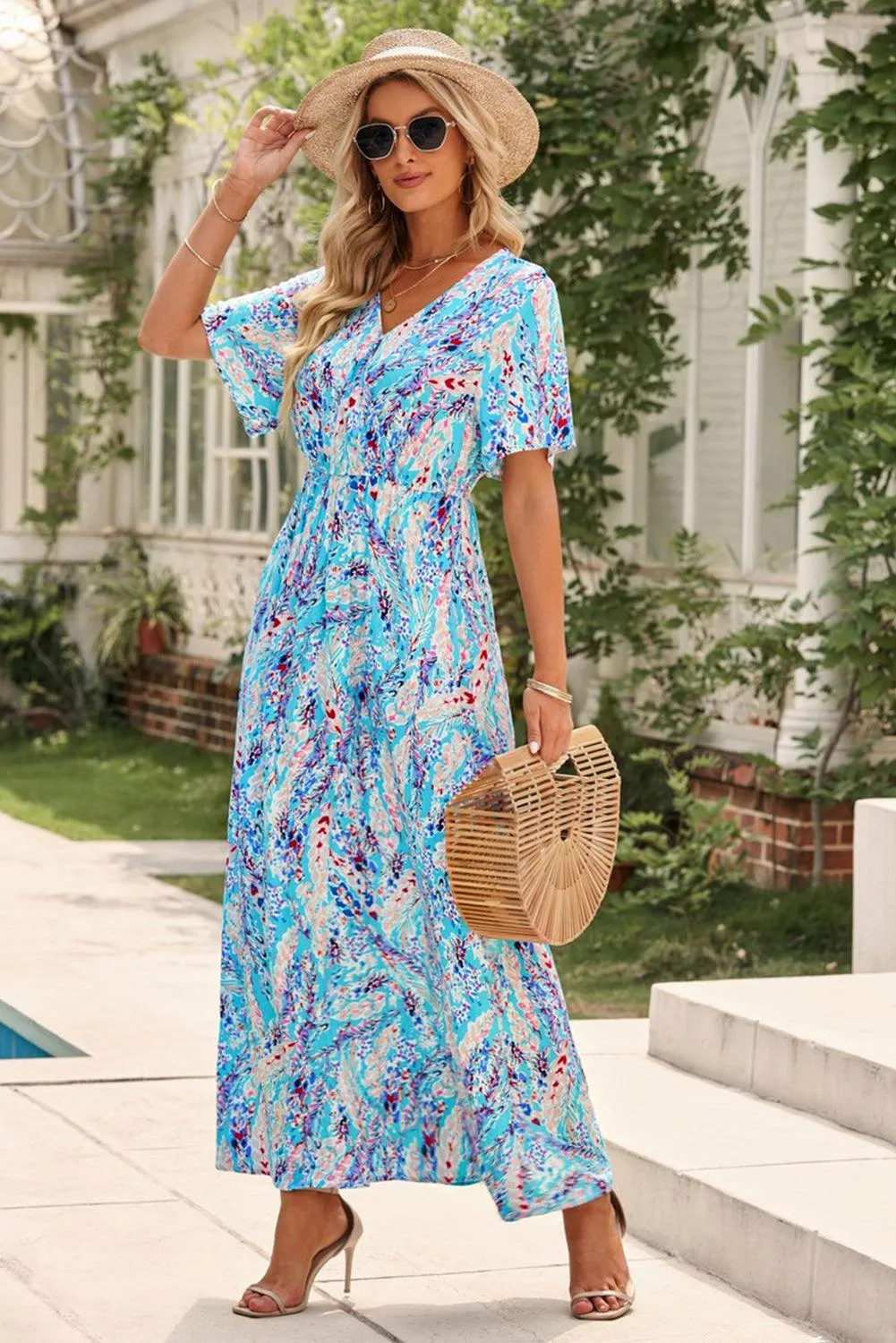 Rose Boho Abstract Print V Neck Short Sleeve Maxi Wrap Dress