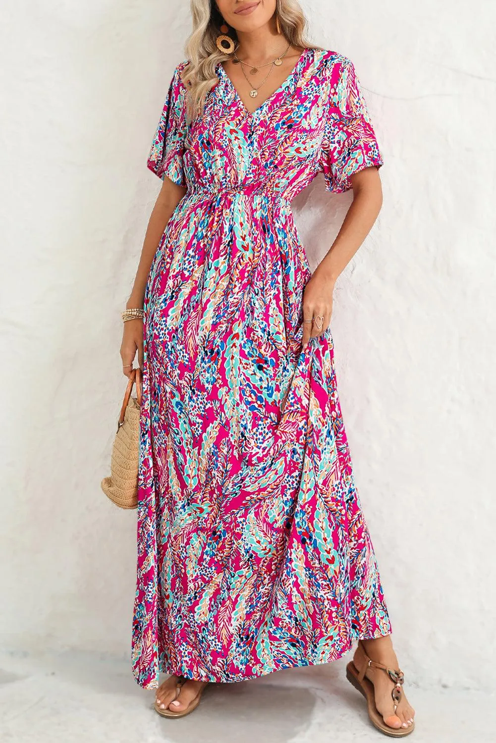 Rose Boho Abstract Print V Neck Short Sleeve Maxi Wrap Dress