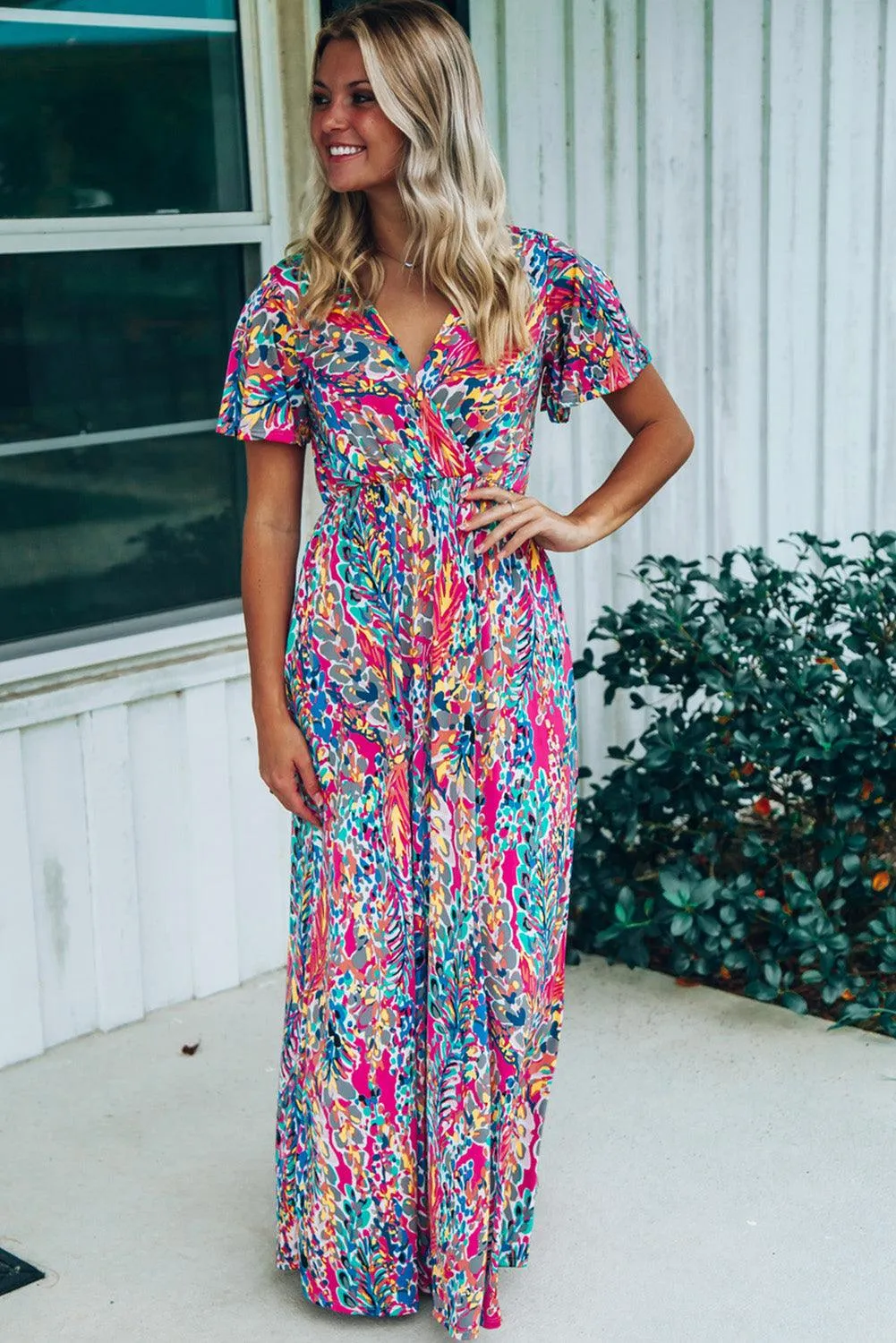 Rose Boho Abstract Print V Neck Short Sleeve Maxi Wrap Dress