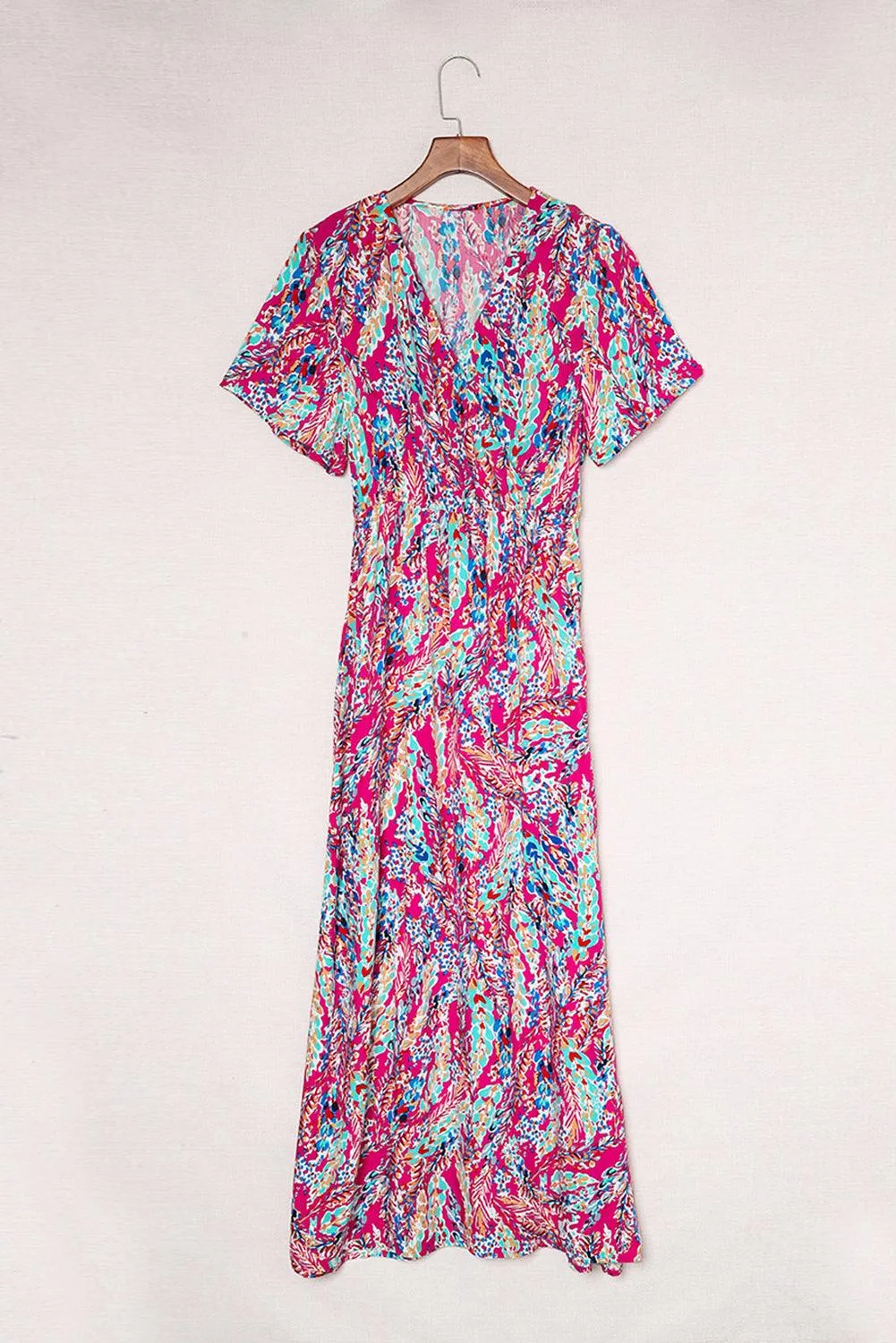 Rose Boho Abstract Print V Neck Short Sleeve Maxi Wrap Dress