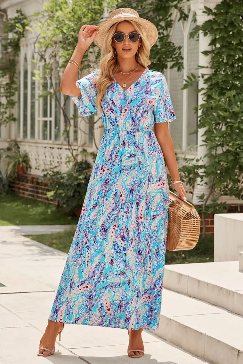 Rose Boho Abstract Print V Neck Short Sleeve Maxi Wrap Dress